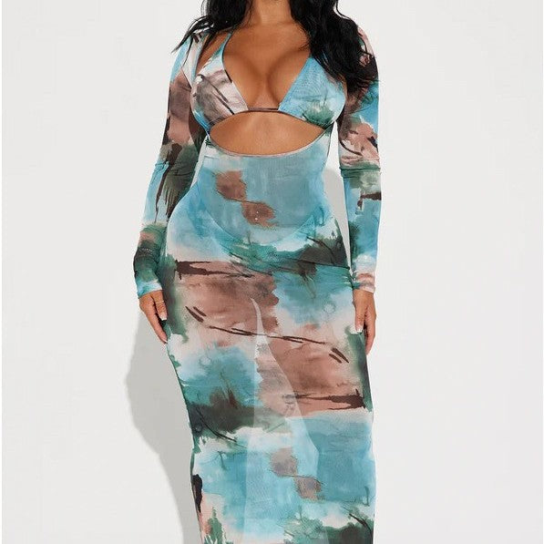 Damen Maxikleid mit fruchtigem Druck und raffiniertem Cut-Out Drune