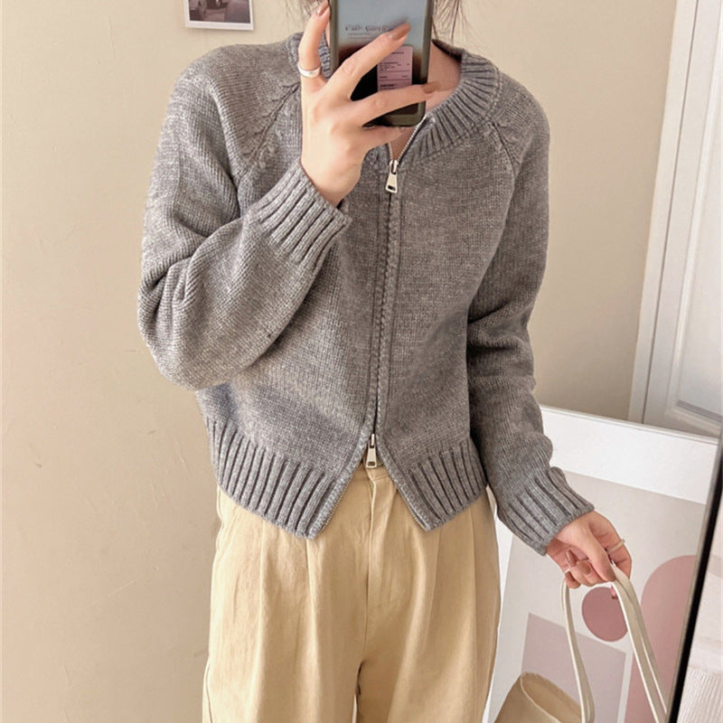 Damen Kuscheliger Cardigan mit Reißverschluss und breitem Rippabschluss Drune