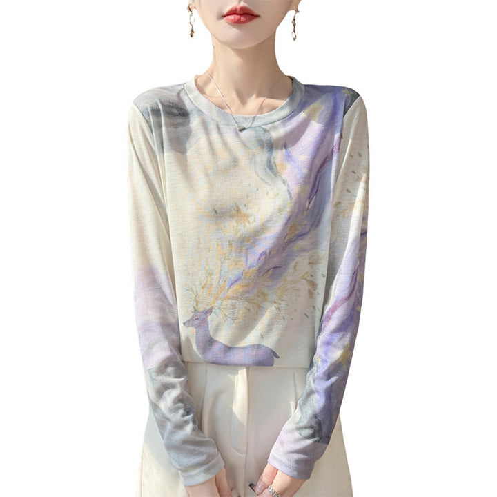 Damen Leichtes Langarmshirt aus Viskose-Mix mit Aquarellprint und Rundhalsausschnitt Drune