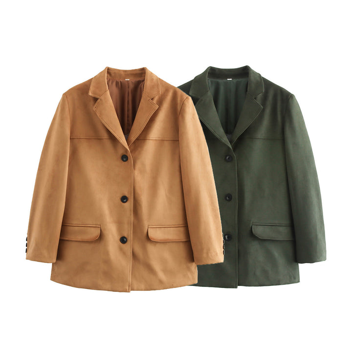 Damen nan kurzer Veloursleder Mantelblazer mit Reverskragen und aufgesetzten Pattentaschen Drune