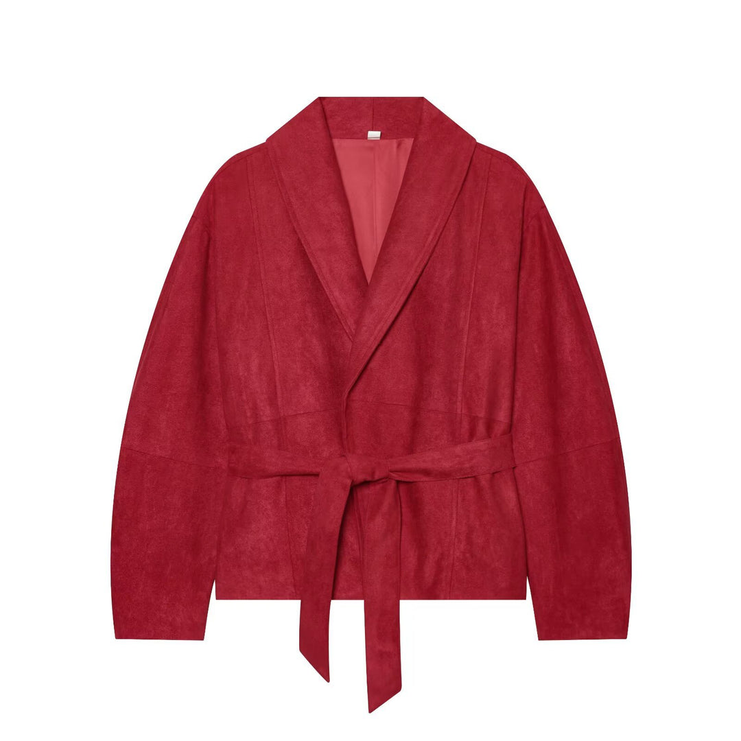 Damen Cropped Jacke im Kimono-Stil aus Veloursoptik mit Schalkragen und Bindegürtel Drune