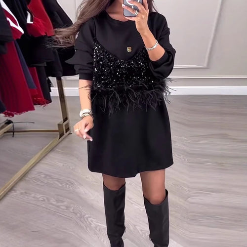 Damen nan Sweatshirt-Minikleid mit Pailletten-Front und Federbesatz Drune