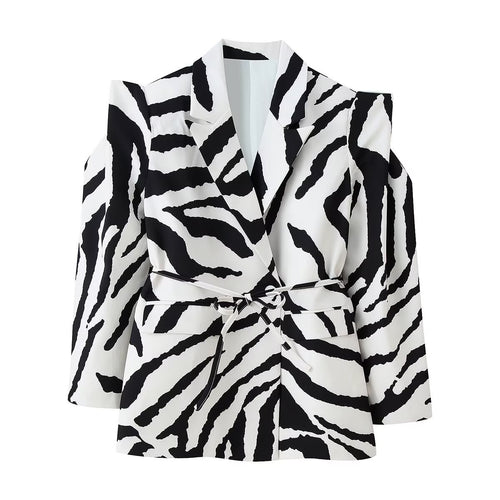 Damen Blazer mit Zebra-Print, tailliertem Bindegürtel und Cut-Out-Schultern Drune