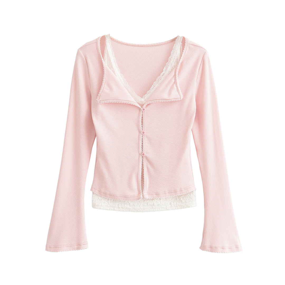 Damen Taillierter Buttoncardigan mit Spitzenbesatz und ausgestellten Ärmeln Drune