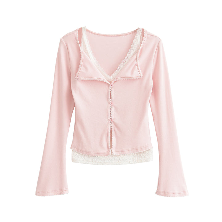 Damen Taillierter Buttoncardigan mit Spitzenbesatz und ausgestellten Ärmeln Drune