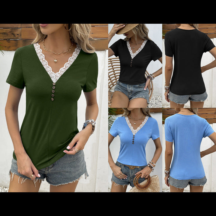 Damen V-Ausschnitt T-Shirt mit Spitzenbesatz und Holzknopfdetail Drune