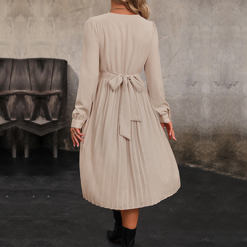 Damen Plissiertes Midikleid mit eleganter Taillierung und langem Ärmel Drune