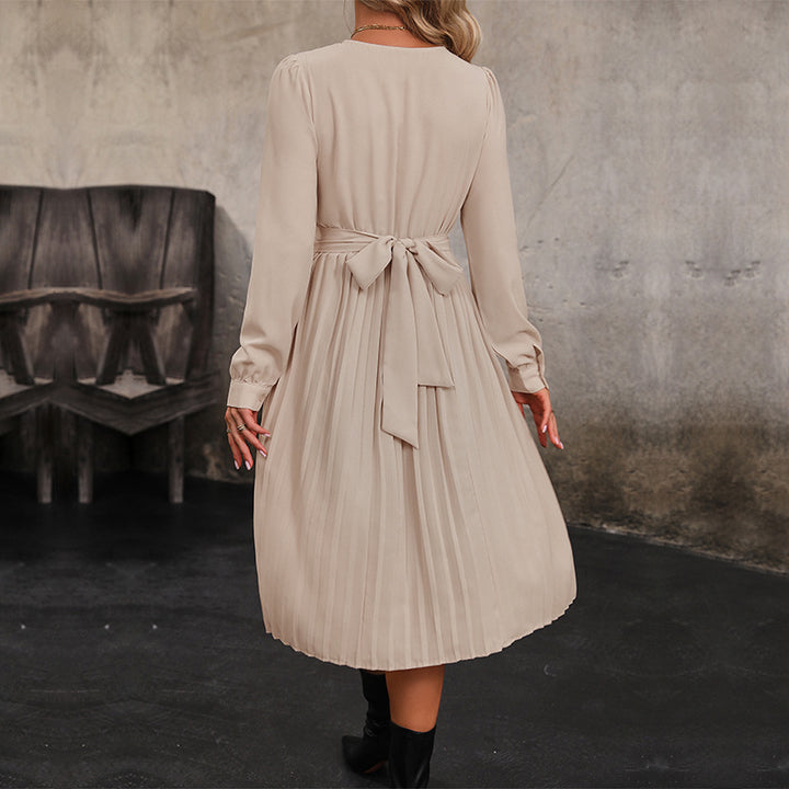 Damen Plissiertes Midikleid mit eleganter Taillierung und langem Ärmel Drune