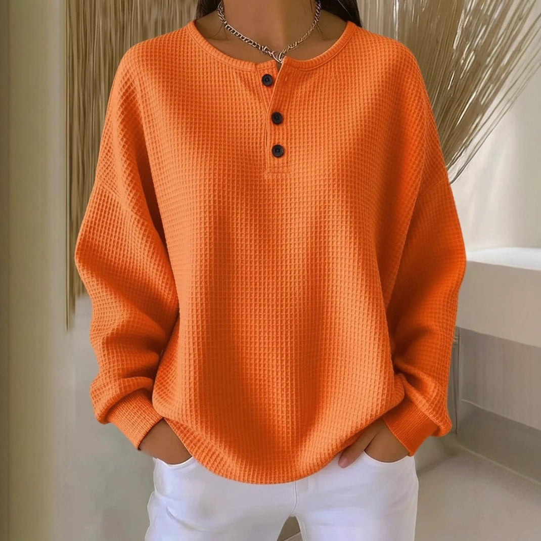 Damen Oversize Waffelstrick-Henleyshirt mit Knopfleiste und Rundhalsausschnitt Drune