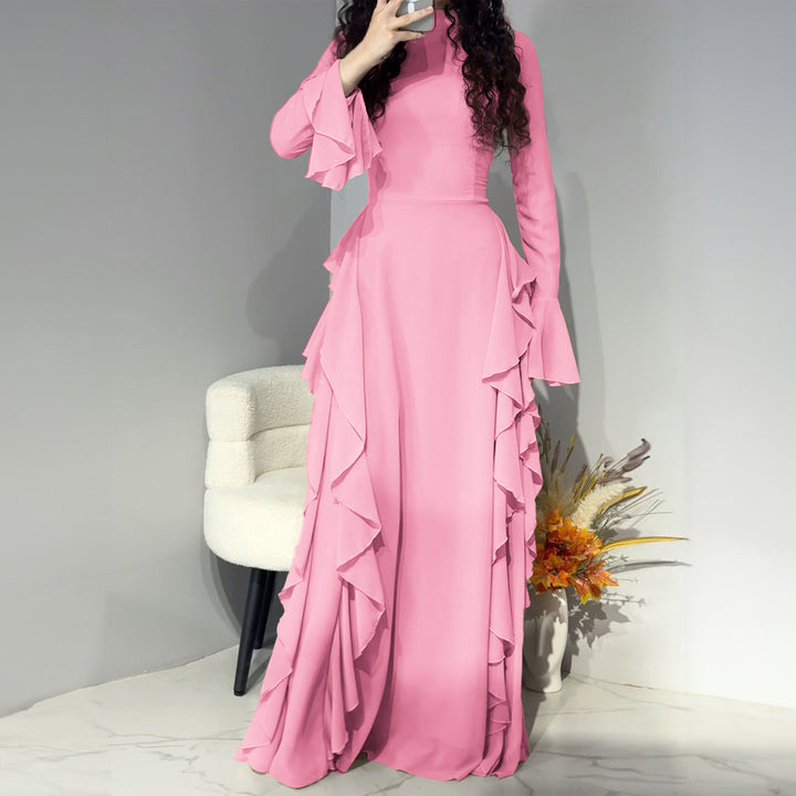 Damen nan Maxikleid mit Volantbesatz, taillierter Empire‑Silhouette und langen Glockenärmeln Drune