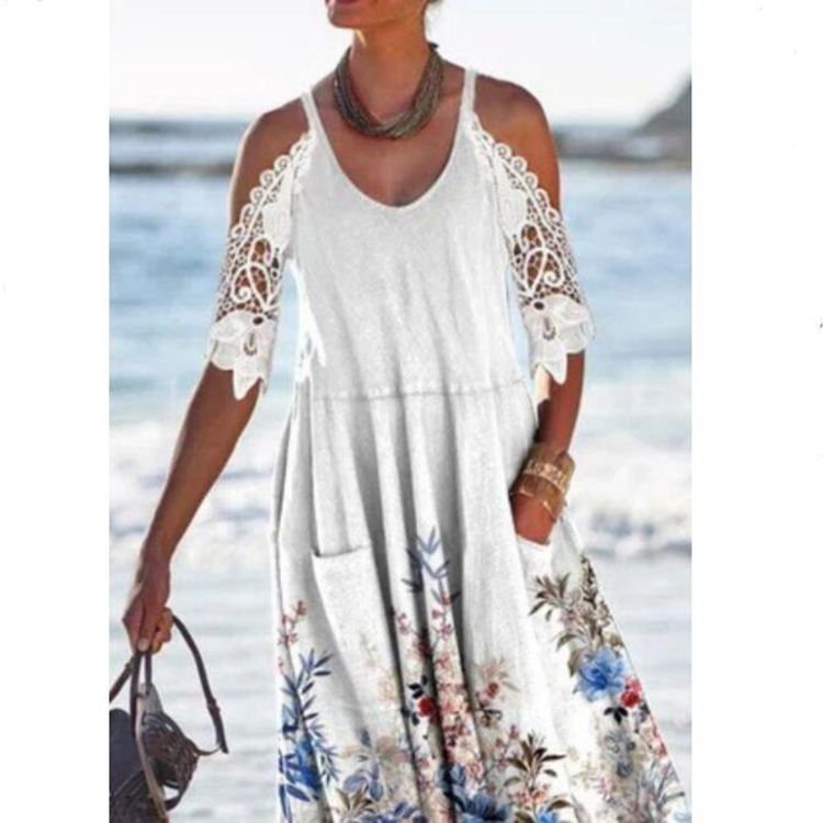 Damen nan fließendes Maxikleid mit Schulterausschnitten Häkelspitzenärmeln A‑Linien‑Schnitt und Eingrifftaschen Drune