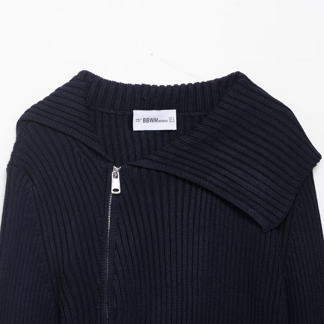 Damen modische Strickjacke mit asymmetrischem Kragen und Reißverschluss Drune