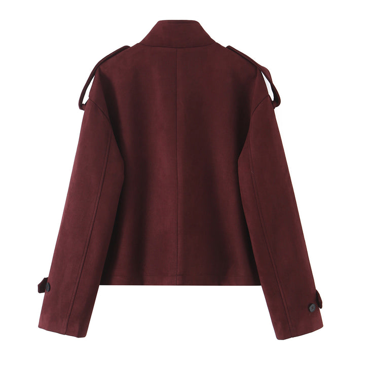 Damen Kurze Jacke in Velourslederoptik mit Stehkragen, Schulterklappen und Pattentaschen Drune
