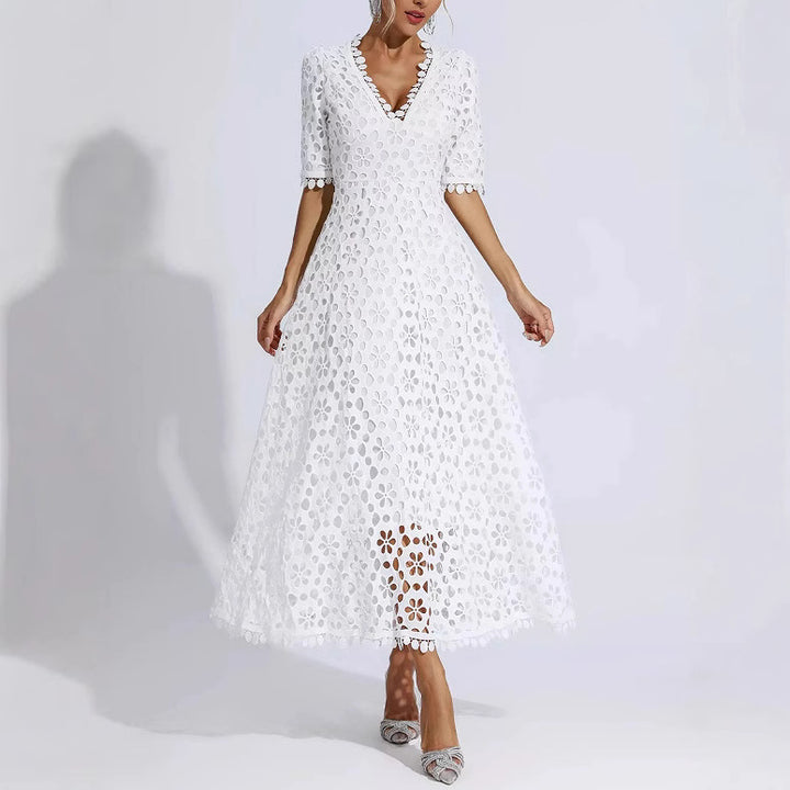 Damen Elegantes Maxikleid mit Blumenstickerei und V-Ausschnitt Drune