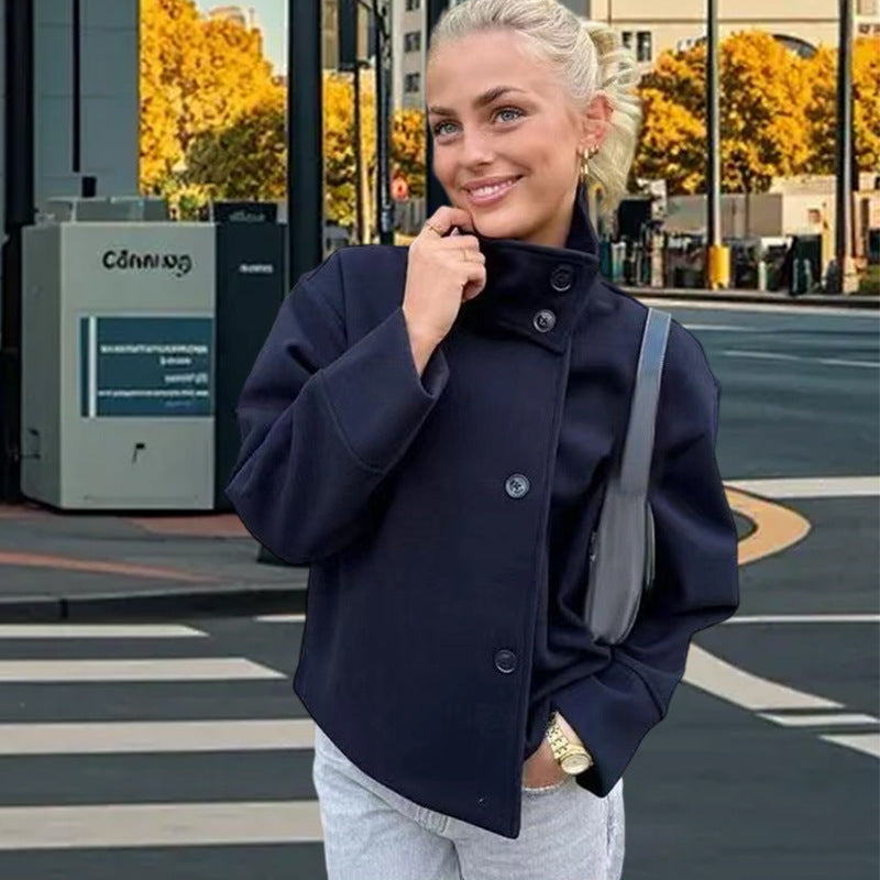 Damen Lässige Wolldecke-Jacke mit hohem Kragen und Knopfverschluss Drune