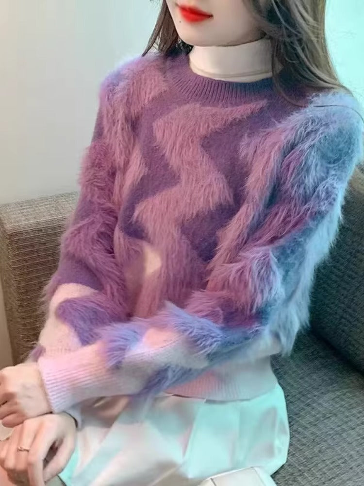 Damen Flauschiger Pullover mit geometrischem Muster Drune