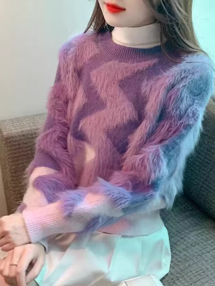 Damen Flauschiger Pullover mit geometrischem Muster Drune