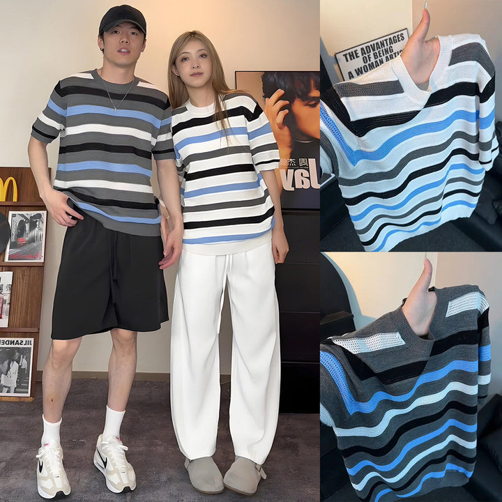 Damen Modernes Kurzarm Strickoberteil mit Wellenmuster Drune