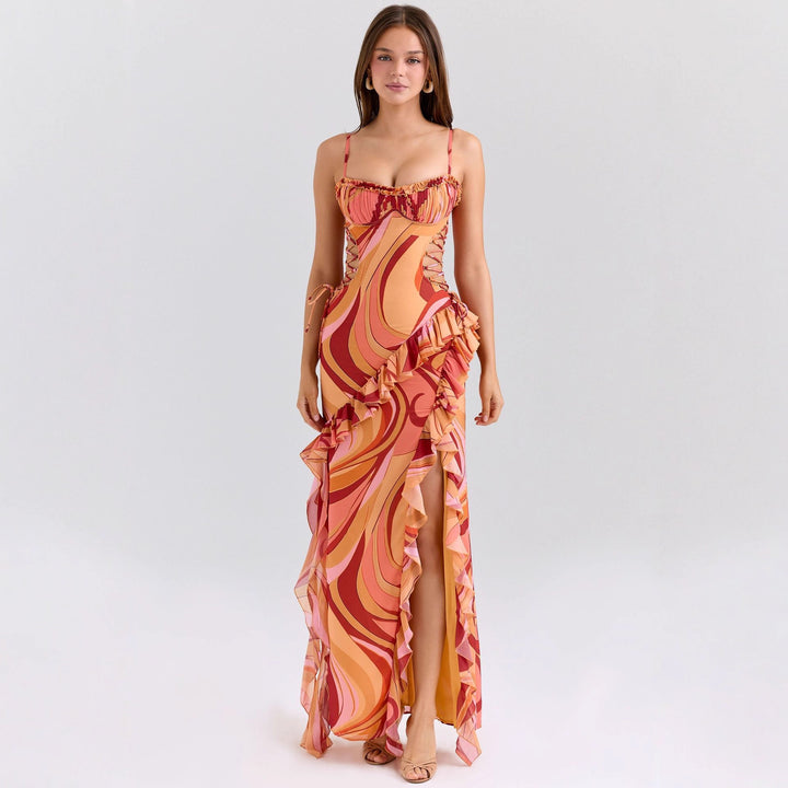 Damen Maxi-Kleid mit Rüschendetails und fließendem Muster Drune