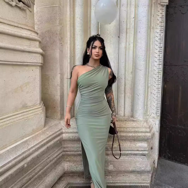 Damen elegantes langärmliges Maxikleid mit asymmetrischem Ausschnitt und Rüschendetails Drune