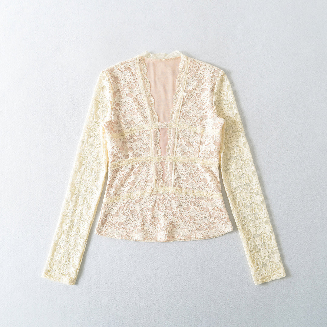 Damen Transparente Spitzenbluse mit V-Ausschnitt, taillierten Einsätzen und langen Ärmeln Drune