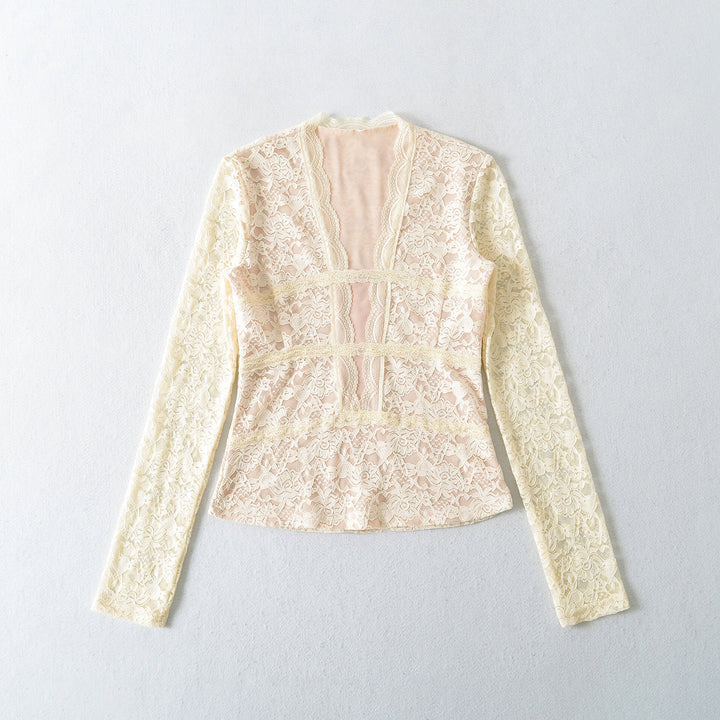 Damen Transparente Spitzenbluse mit V-Ausschnitt, taillierten Einsätzen und langen Ärmeln Drune