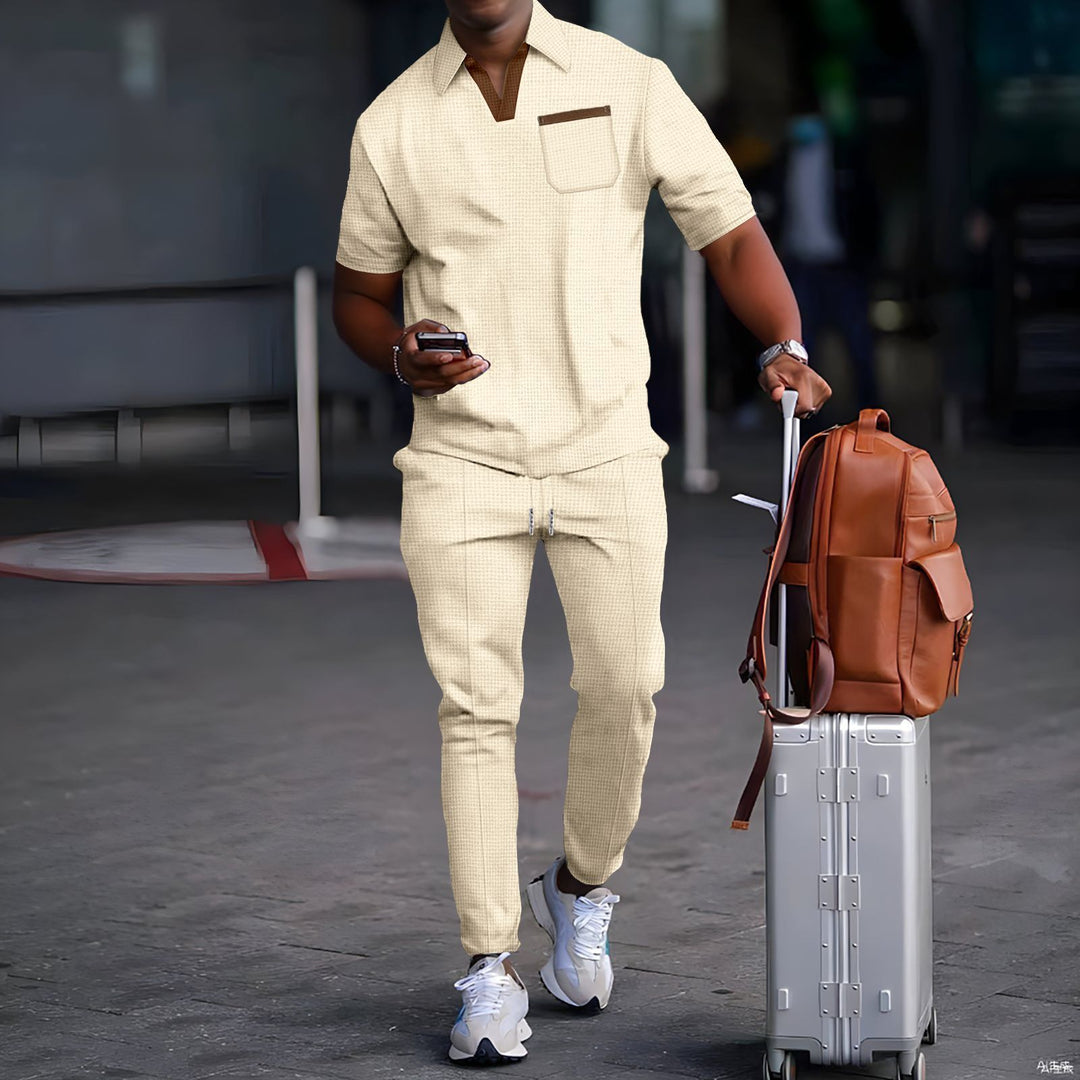 Herren nan lässiges Freizeitset aus elastischem Jersey mit V-Ausschnitt Brusttasche und Kordelbund Drune