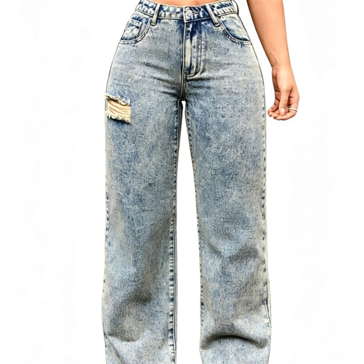 Damen High-Waist Relaxed-Jeans mit Steinwasch-Effekt und seitlichem aufgerissenem Einsatz Drune
