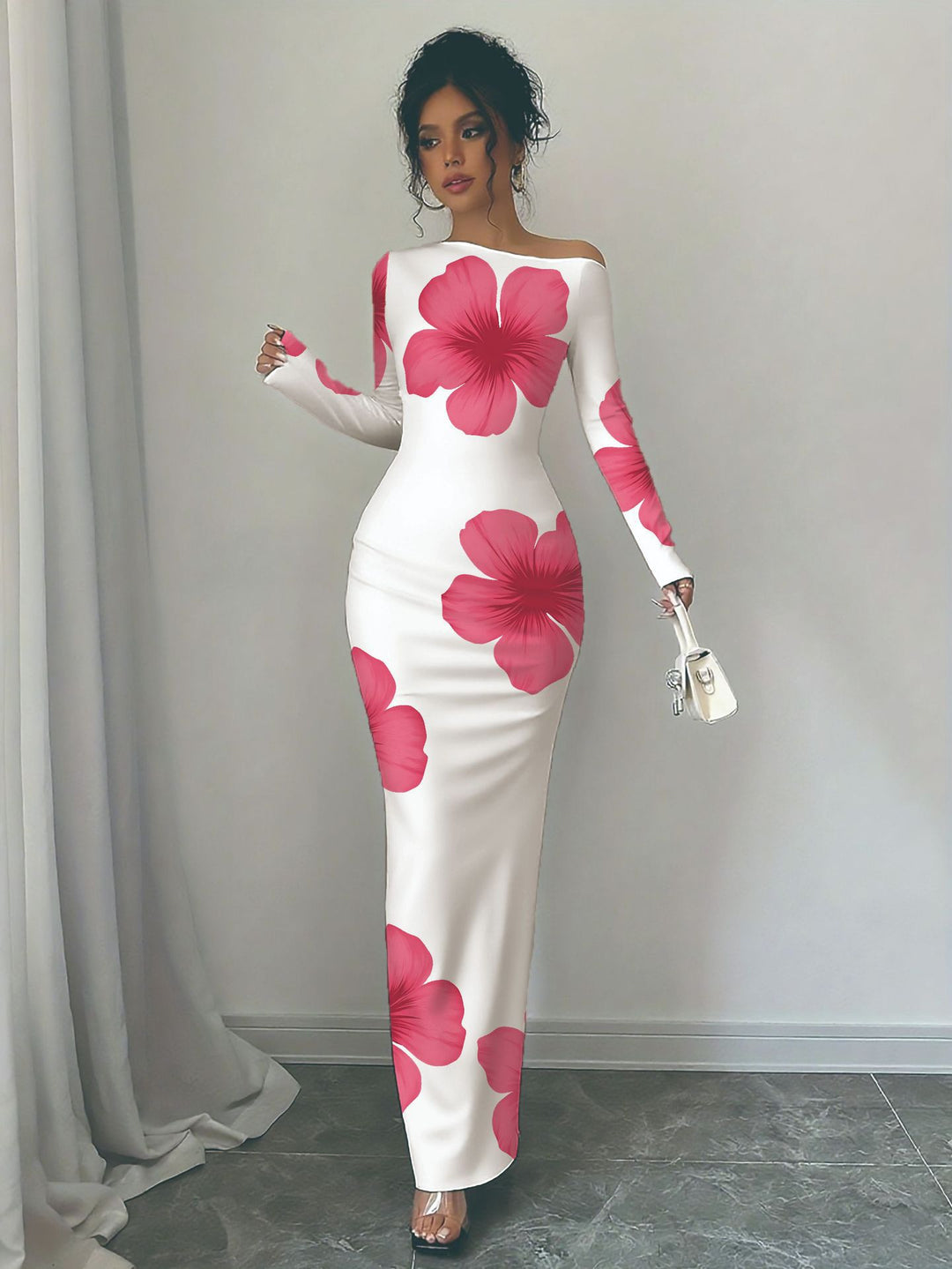 Damen elegantes Langarmkleid mit floralem Motiv Drune