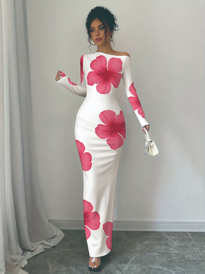 Damen elegantes Langarmkleid mit floralem Motiv Drune