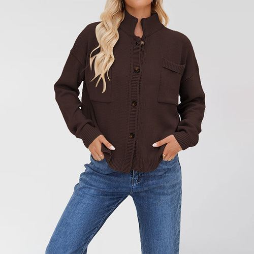 Damen Strickjacke mit Stehkragen und aufgesetzter Tasche Drune