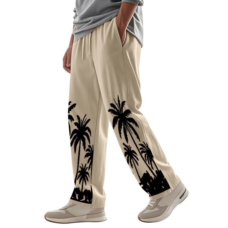 Herren nan weite Freizeit-Hose aus Baumwoll-Leinen-Mix mit Palmenprint, Elastikbund und Kordelzug Drune