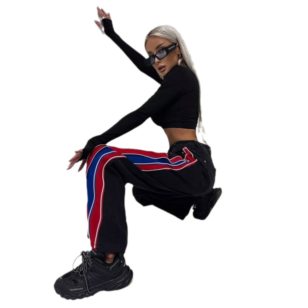Damen Sportliches Crop-Top mit langen Ärmeln und farbigen Seitenstreifen Drune