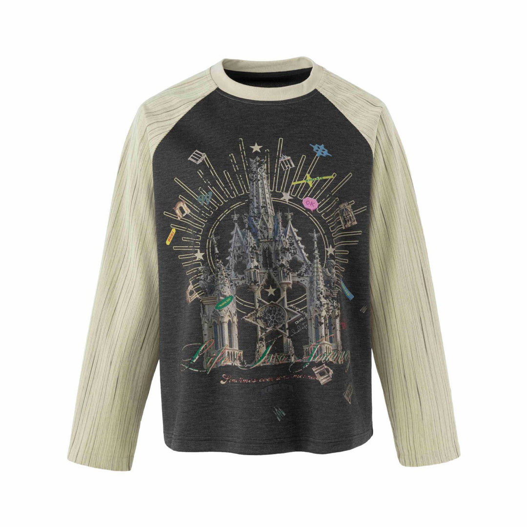 Damen Raglan‑Sweatshirt mit grafischem Kathedralprint und strukturierten Ärmeln Drune