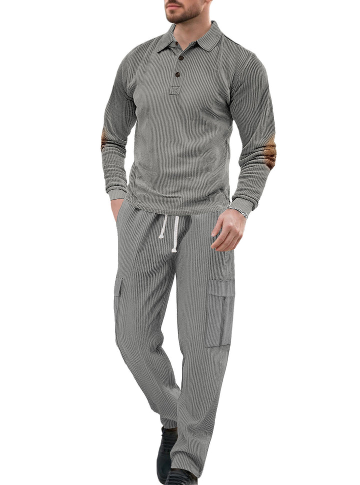 Herren nan geripptes Lounge-Set mit Polokragen Ellenbogenpatches und Cargohose Drune