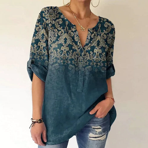 Damen nan V-Ausschnitt-Tunika im Leinenlook mit ornamentalem Bordürenprint, krempelbaren Ärmeln und gerundetem Saum Drune