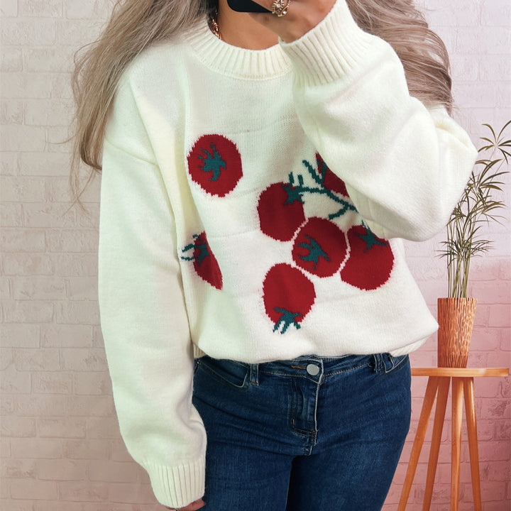 Damen Strickpullover mit verspieltem Tomatenmotiv und lässigem Schnitt Drune