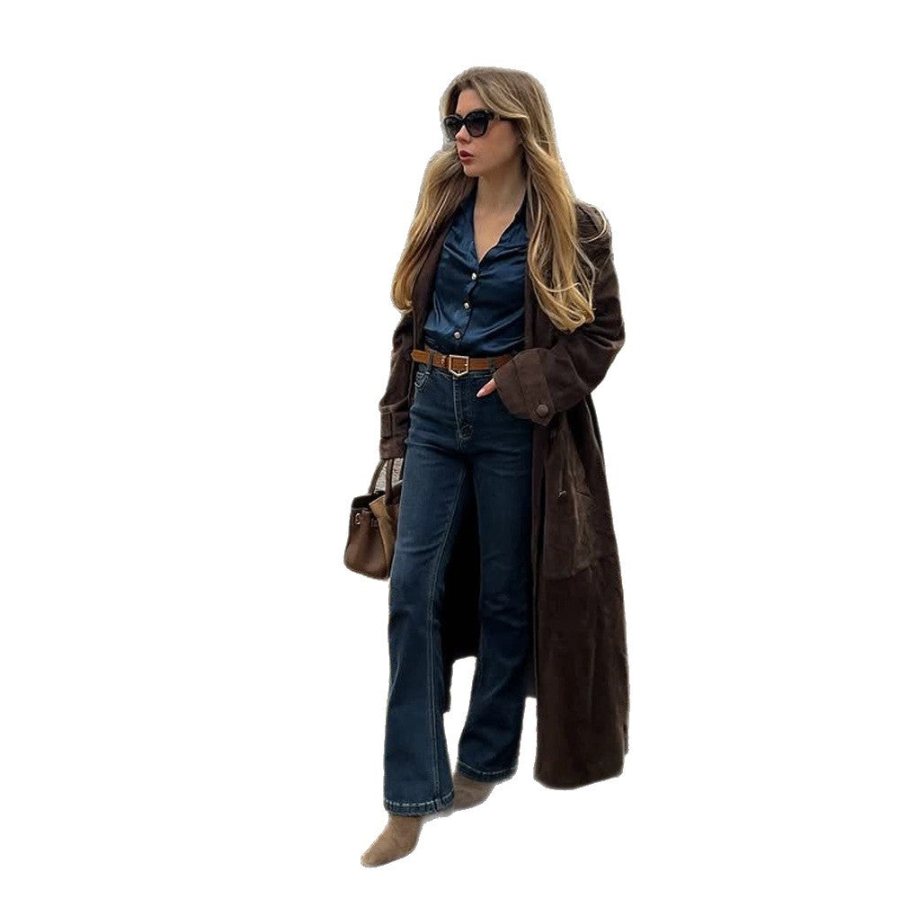 Damen Langschnitt Wildleder-Trenchcoat mit Oversize-Kragen und Bindegürtel Drune