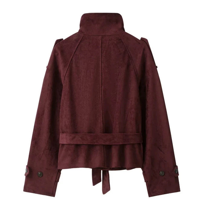 Damen Kurzjacke aus Wildlederimitat mit hohem Stehkragen und Bindegürtel Drune