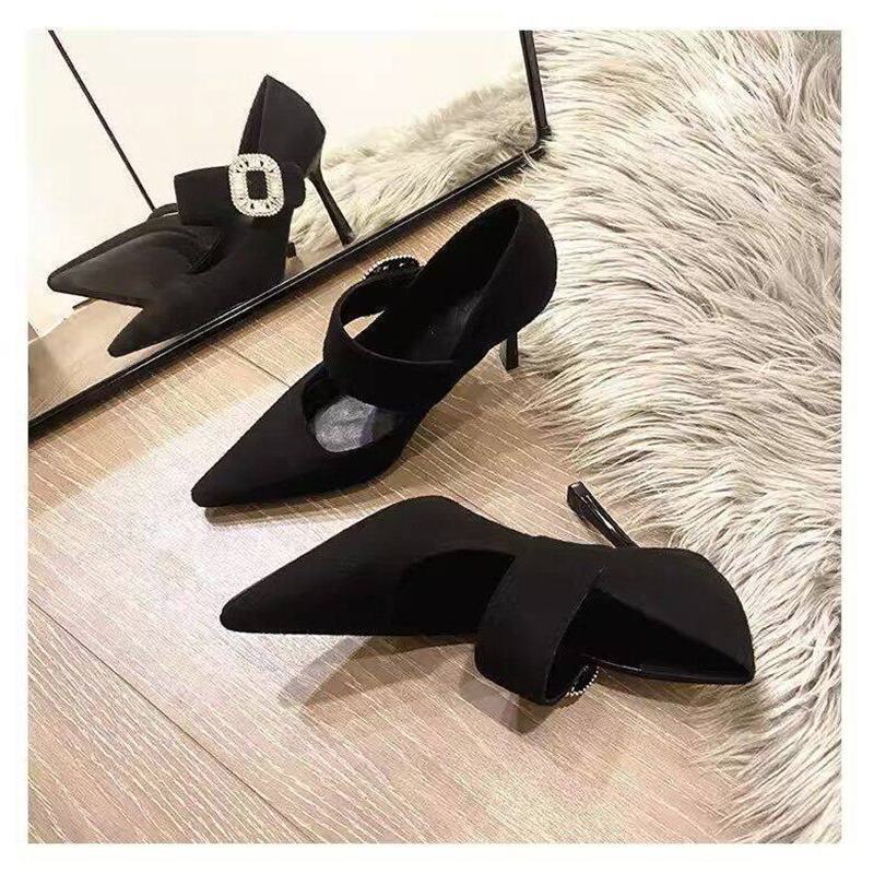 Damen Elegante spitz zulaufende Mary-Jane-Pumps mit Wollfilz-Optik, schmalem Stiletto und Kristall-Schnalle Drune