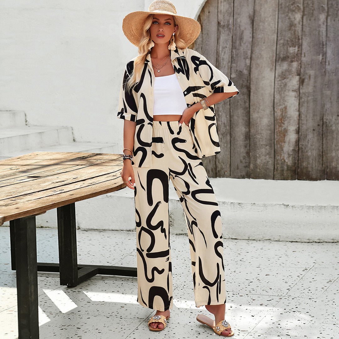 Damen luftiges Zweiteiliges Ensemble mit floralem Muster und weiten Hosen Drune