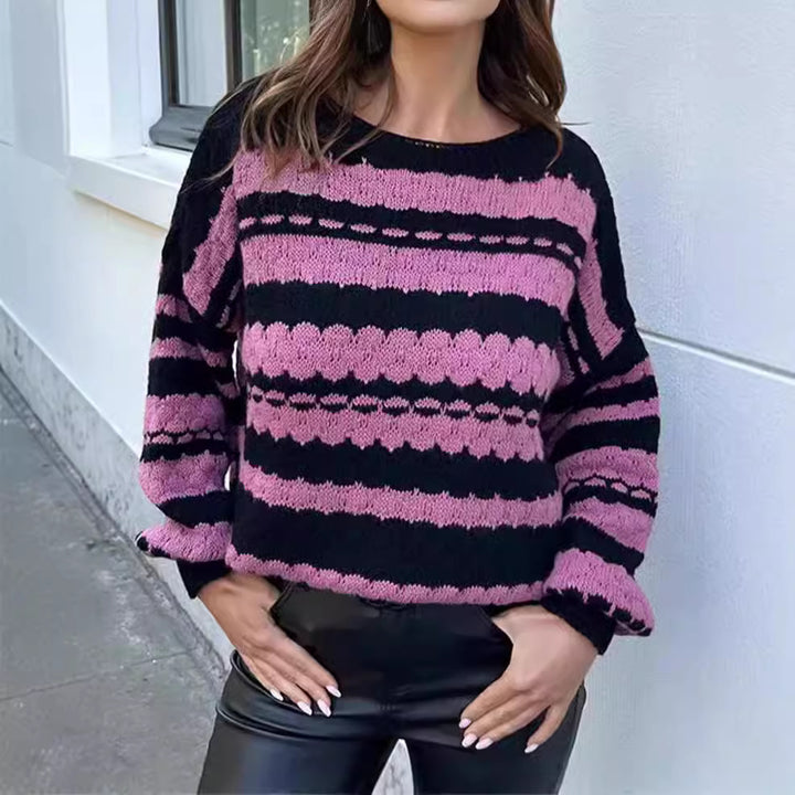 Damen gemütlicher Strickpullover mit modernem Zopfmuster und grafischen Akzenten Drune