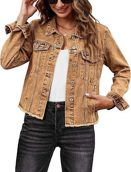 Damen Kurz geschnittene Denim-Jacke mit fransigem Saum und Brusttaschen Drune