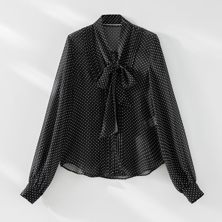 Damen Chiffon-Bluse mit Schleifenkragen, Pünktchenmuster und Biesen-Detail Drune