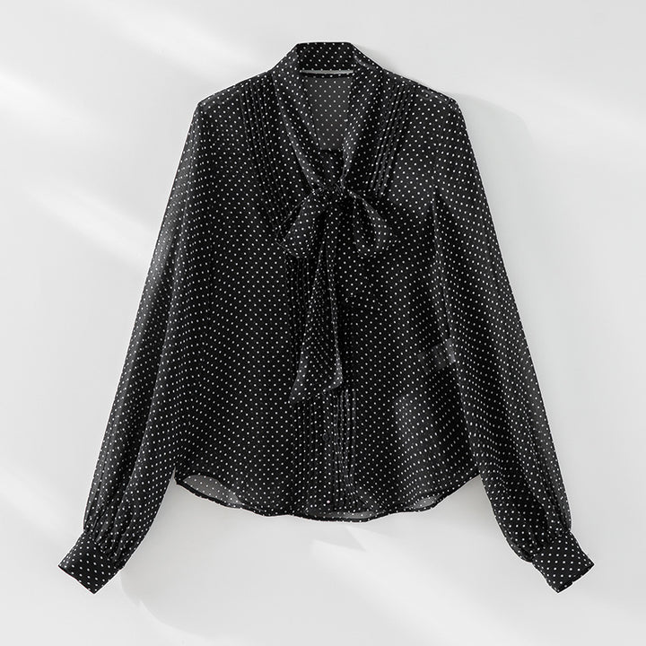 Damen Chiffon-Bluse mit Schleifenkragen, Pünktchenmuster und Biesen-Detail Drune