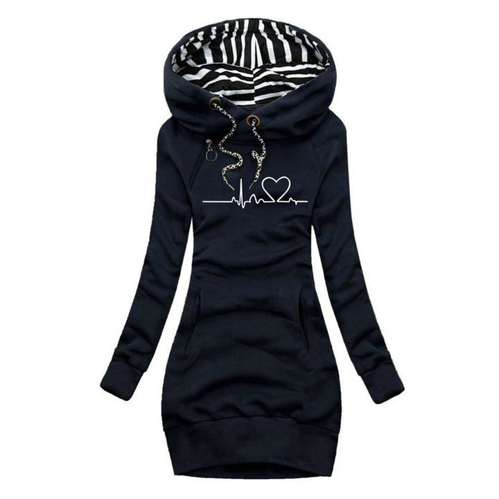 Damen Kapuzen-Sweatkleid mit gestreiftem Kapuzenfutter, Kängurutasche und Herz-EKG-Druck Drune