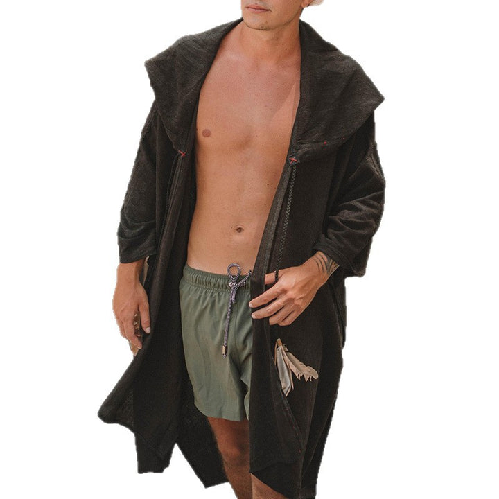 Herren Langer Kapuzen-Strandmantel aus weichem Frottee mit 3/4-Ärmeln und aufgesetzten Taschen Drune
