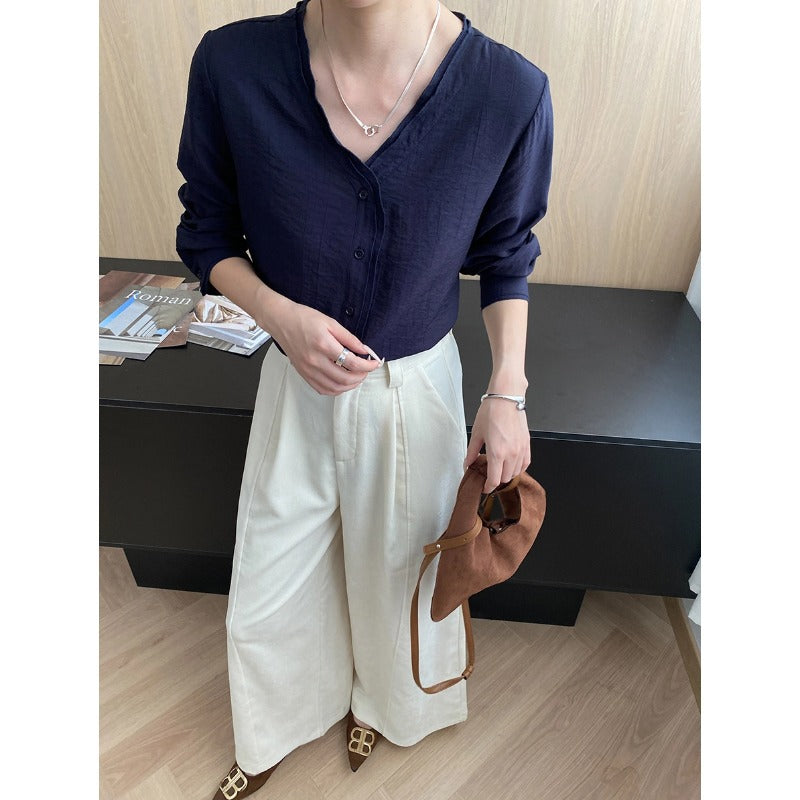 Damen lässige Bluse mit Knöpfen und modernem V-Ausschnitt Drune