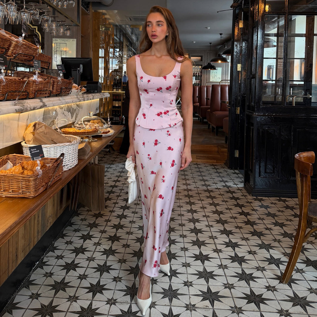 Damen Elegantes Maxikleid mit zarten Blumendrucken und figurbetontem Schnitt Drune