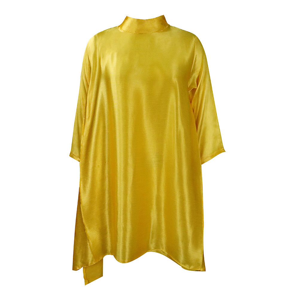 Damen Tunika im eleganten Satin-Look mit hohem Kragen Drune